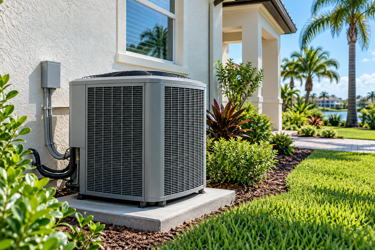 Illustrative air conditioning system beside a Florida home